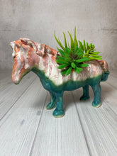 Load image into Gallery viewer, Pink and turquoise planter in the shape of a horse
